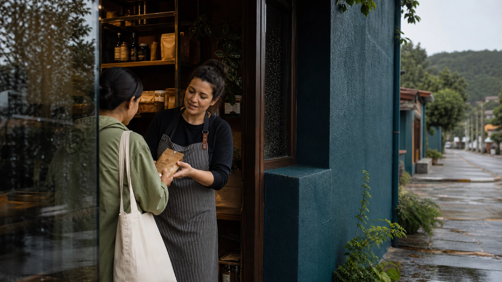 Comerciante local atendendo uma cliente